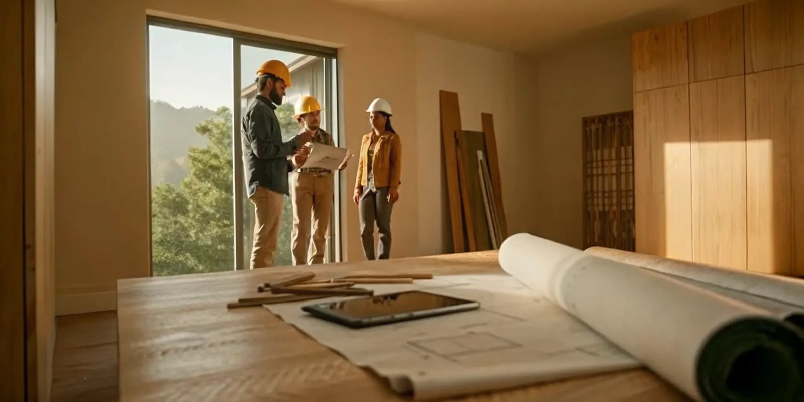 Renovation team reviewing plans together inside a home under renovation