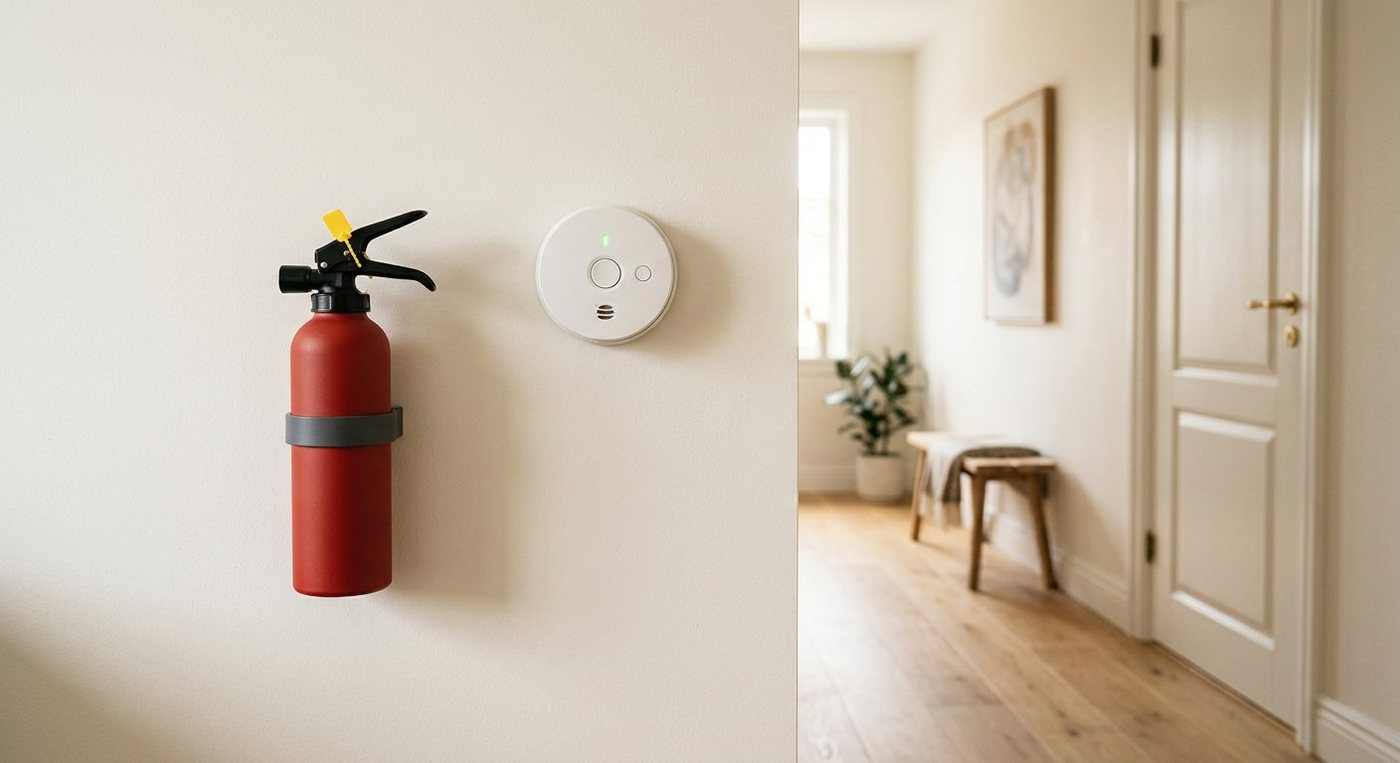Fire extinguisher on a wall bracket beside a smoke alarm