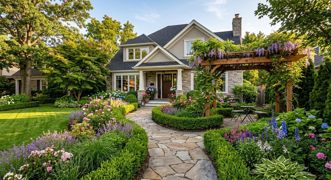 Landscaped garden with stone path, flower beds and a pergola