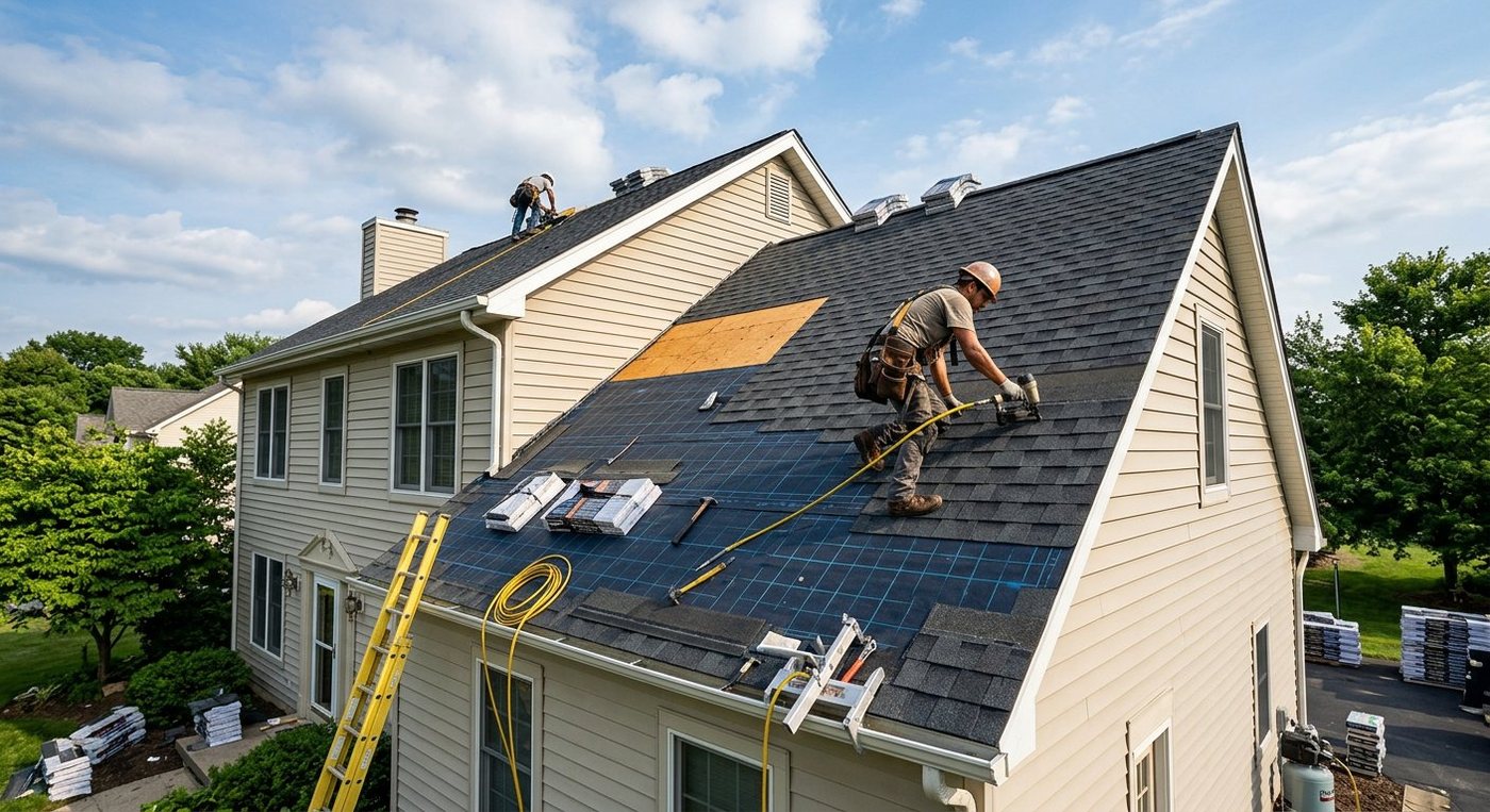 New architectural shingles being installed on a residential roof