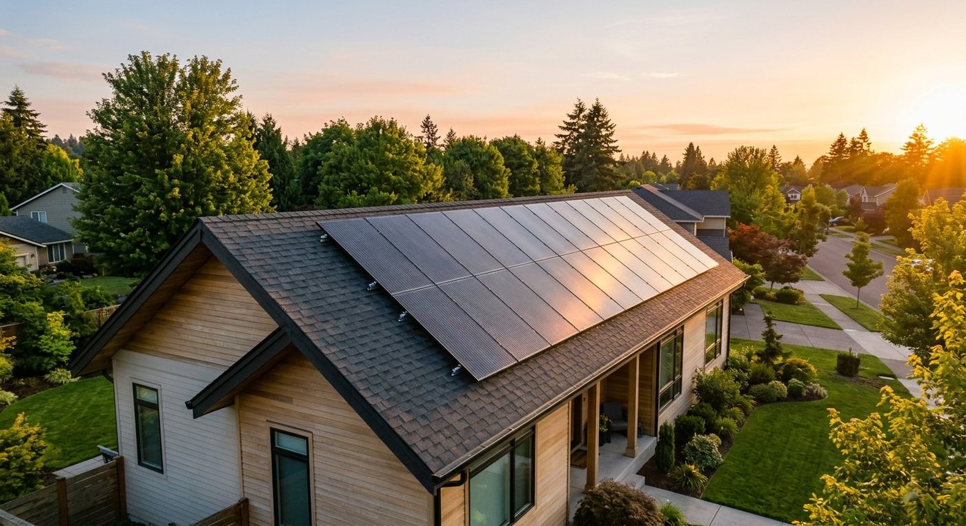 Solar panels installed neatly on the roof of a suburban home